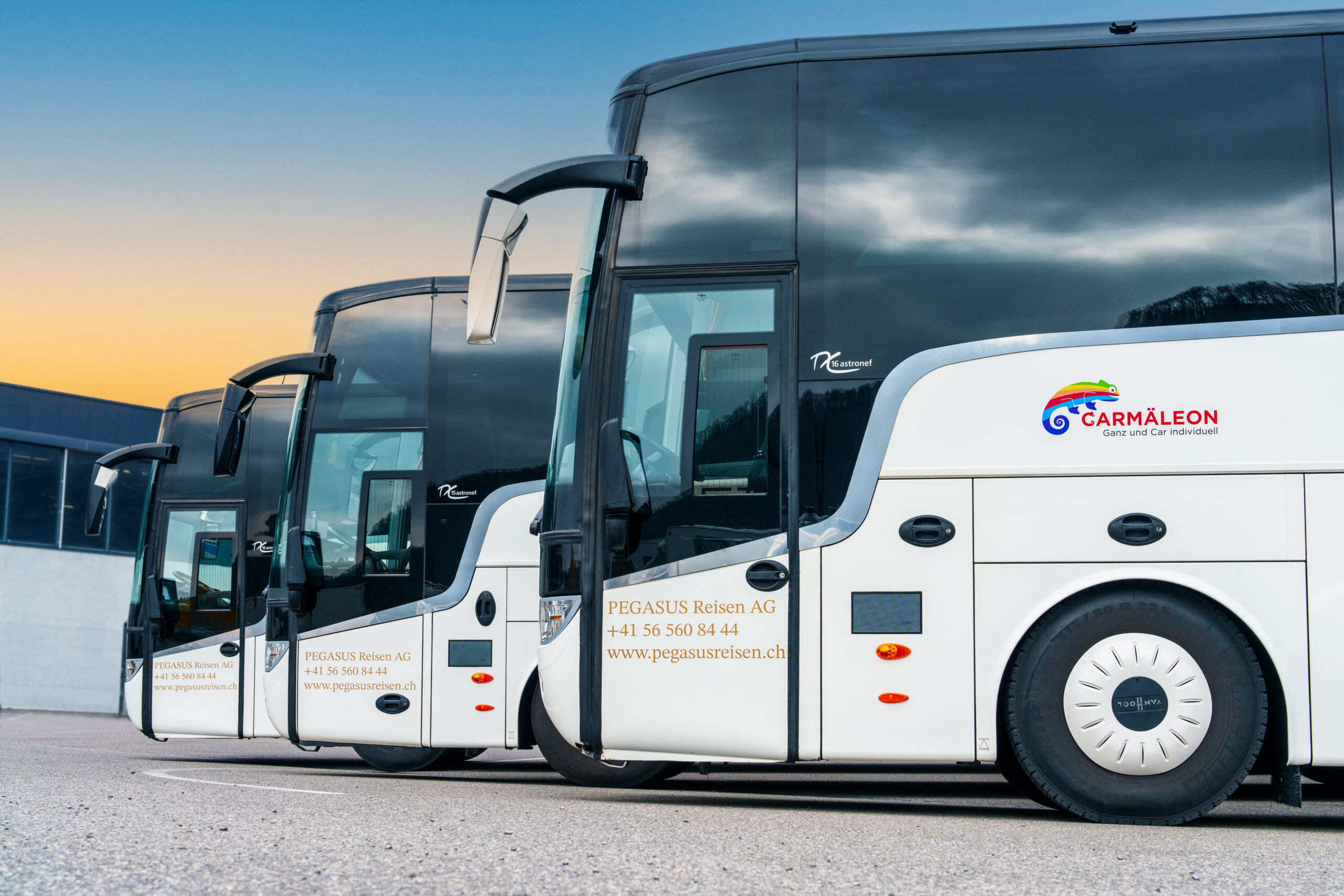 Drei weisse Reisebusse, die stolz das Logo und die Kontaktinformationen der Stöcklin Reisen AG tragen, stehen in einer Reihe auf einem gepflasterten Platz. Der Himmel hinter ihnen wechselt bei Sonnenuntergang von gelb zu blau und deutet das Ende des Abano Terme Busreisen-Abenteuers an.